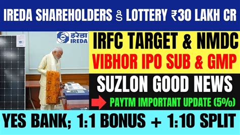 IREDA 2 Good News Suzlon IRFC Telugu Paytm NMDC Vibhor Steel