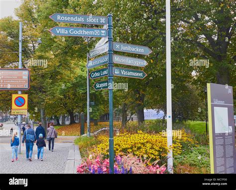 Direction signs to various landmarks and attractions, Djurgarden, Stockholm, Sweden, Scandinavia ...