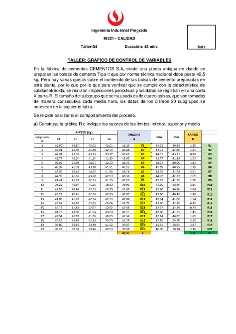 6 Taller 4 Grafico Control Variables X R Ingeniería Industrial