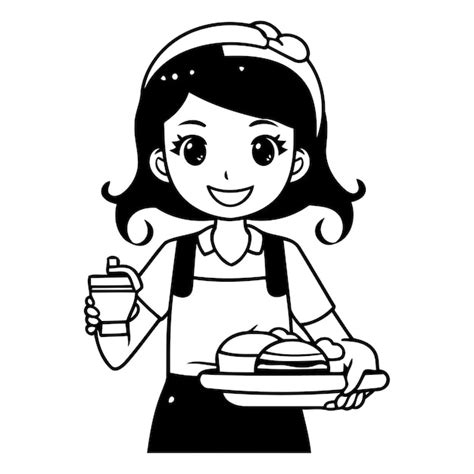 Premium Vector Cute Cartoon Woman In Apron Holding Plate Of Hamburger