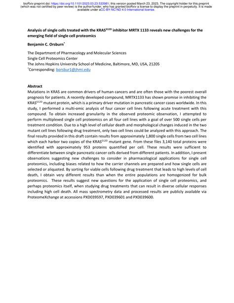 Pdf Analysis Of Single Cells Treated With The Kras G12d Inhibitor