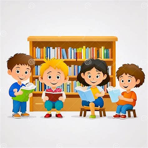 Cartoon Children Reading Books in the Library, Everyone Happy Reading Books Stock Illustration ...