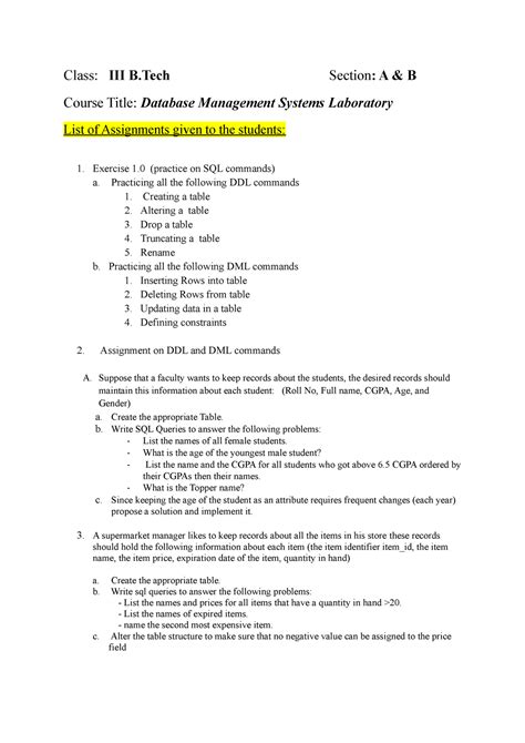 DBMS Lab Examination Questions For Engineering Students Class III B