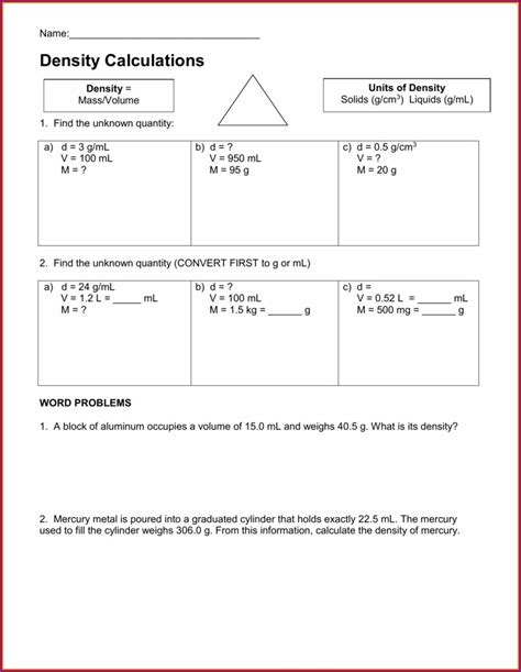 Science 8 Density Calculations Worksheet