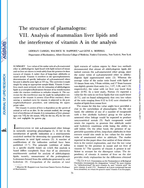 (PDF) THE STRUCTURE OF PLASMALOGENS: VII. ANALYSIS OF MAMMALIAN LIVER ...