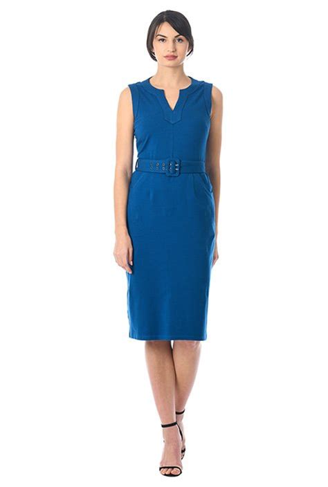 Shop Split Neck Cotton Knit Sheath Belted Dress EShakti