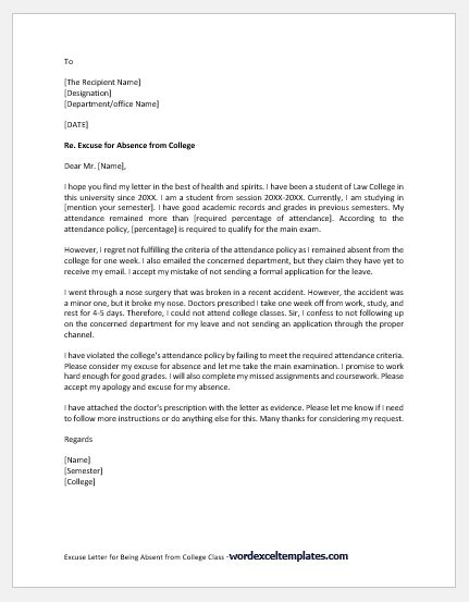 Excuse Letter For Being Absent From College Class Download