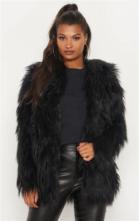 Amaria Black Shaggy Faux Fur Jacket Jumpers Fur Coats Women Womens