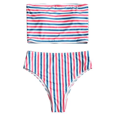 Zaful Striped Bandeau Bikini Women Tube Bikini Strapless Swimsuit Sexy