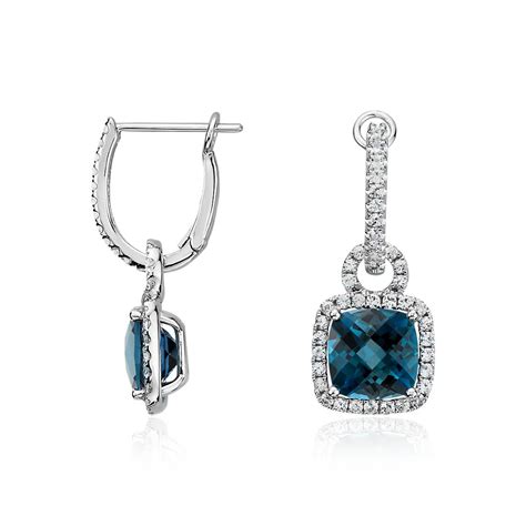 London Blue Topaz And White Sapphire Halo Cushion Cut Drop Earrings In Sterling Silver 8x8mm