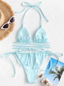 ZAFUL Metallic Criss Cross Halter String Bikini Swimwear In LIGHT BLUE