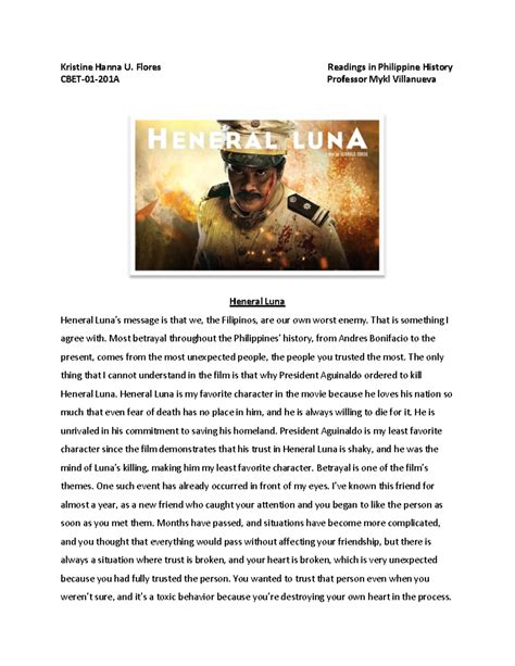 Heneral Luna Reflection Paper Kristine Hanna U Flores Readings In