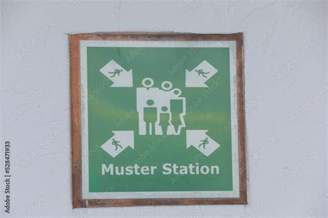 Cruise ship Muster station emergency sign for guest and crew togeather ...