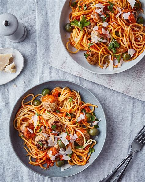 Spaghetti And Chicken Meatballs In Red Pepper Sauce Delicious Magazine