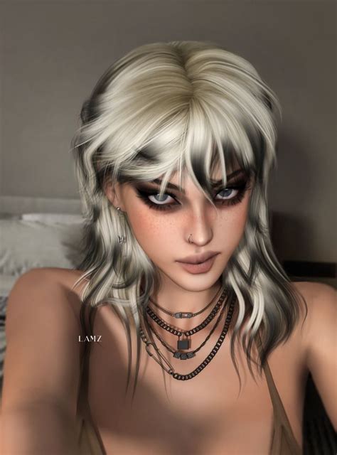 A Digital Painting Of A Woman With Blonde Hair And Black Eyes Wearing