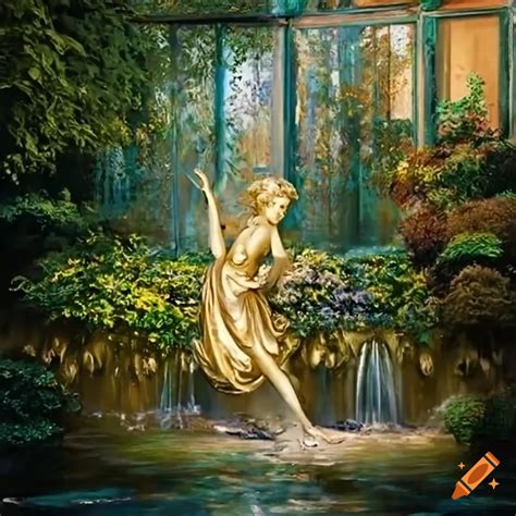 Painting Of A Victorian Garden With Angel Statues And A Pond On Craiyon