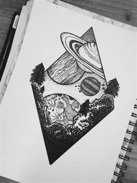 Aesthetic Drawing of Planets over Mountain Landscape