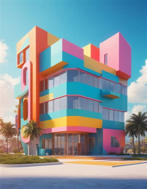 Create An Image Of A Whimsical Postmodern Building With Colorful Geometric Shapes And Playful