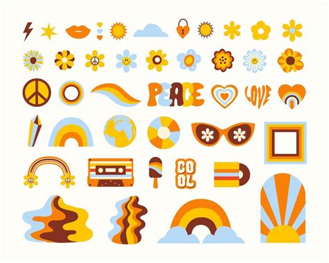 Hippie retro set icons in style 60s 70s. Trendy vector illustration ...