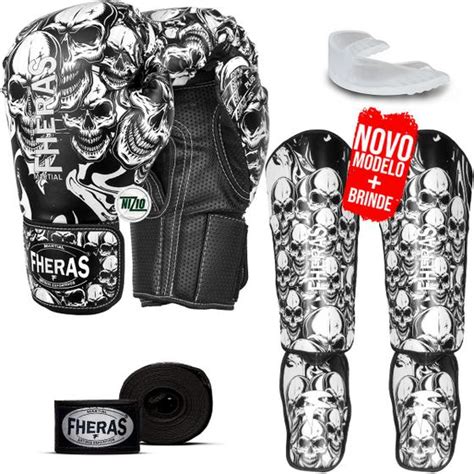 Kit Muay Thai Luva Bandagem Caneleira Bucal Caveira Pro Oz Fheras