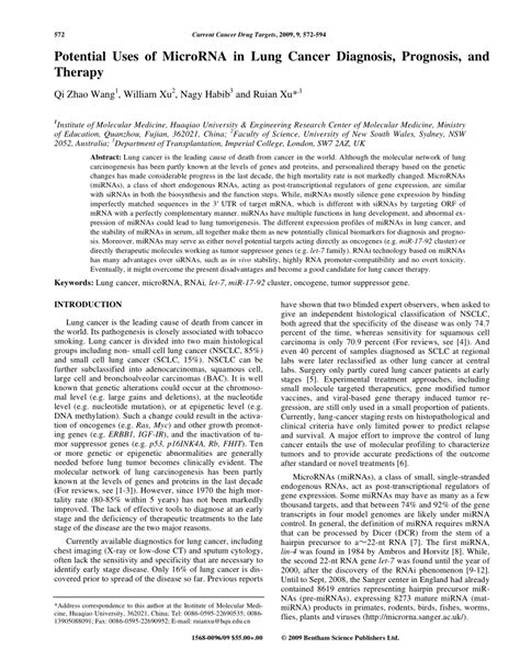 PDF Potential Uses Of MicroRNA In Lung Cancer Diagnosis Prognosis