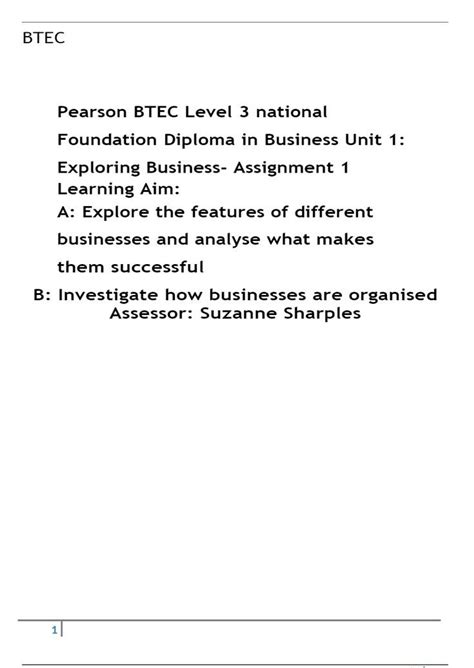 Unit 1 Exploring Business Assignment 1 P1 P2 P3 M1 M2 Pearson