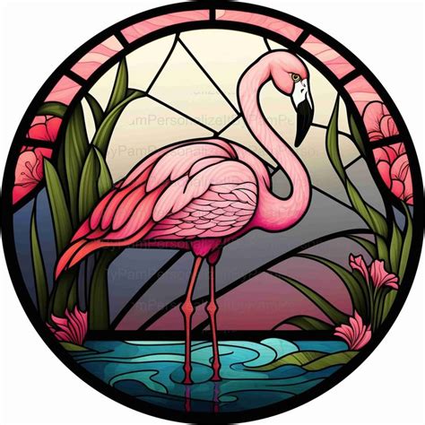 Round Faux Stained Glass Flamingo Wreath Sign Uv Protected Etsy In