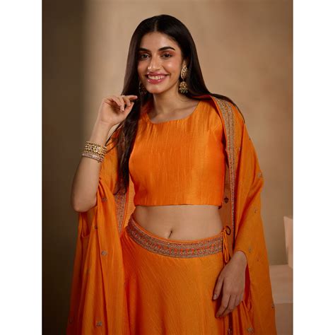 Buy Gajra Gang Chand Sitara Orange Embroidered Top Skirt And Overlay