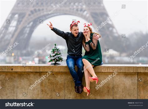 Eiffel Tower Background Christmas Tree Celebrating Stock Photo ...