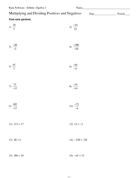 Multiplying And Dividing Positives And Negatives Worksheet For 8th 9th Grade Lesson Planet