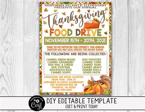 Editable Thanksgiving Food Drive Fundraiser Flyer Church Etsy