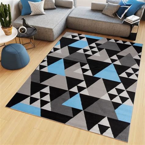 Tapiso Tapis Salon Poil Court Maya Bleu Gris Noir Triangles