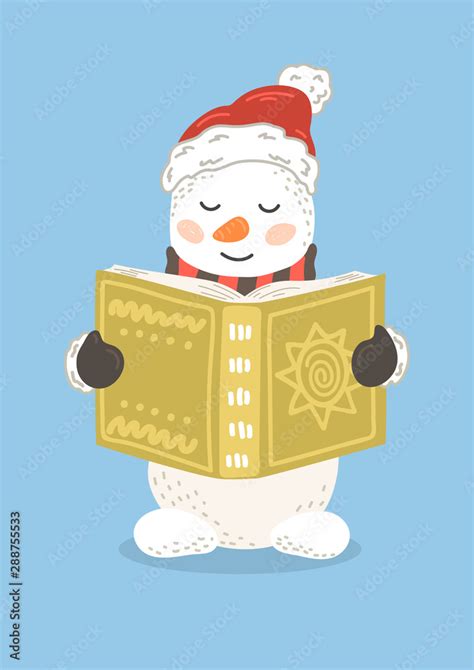 Snowman in Christmas hat reading book. Cute children illustration. Stock Vector | Adobe Stock