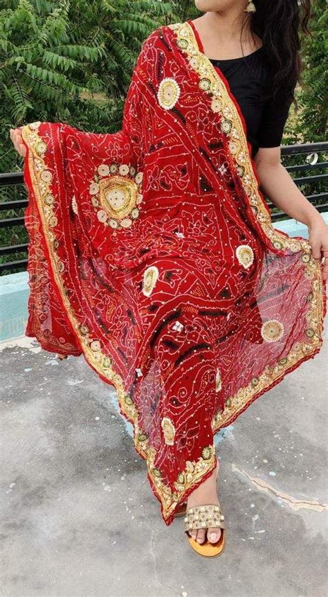 Marwadi Chunri Gota Work Dupatta In Red Rajasthani Bride Red Kurta Red