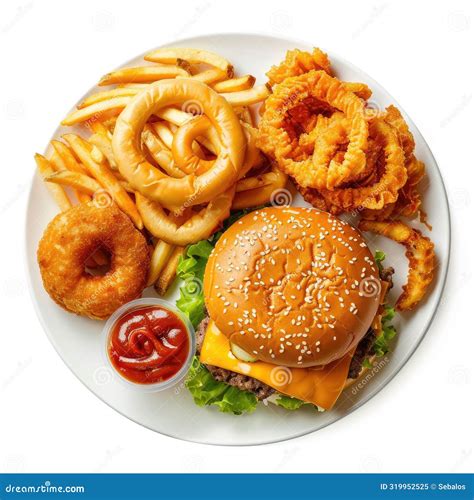 Classic Cheeseburger with Fries and Onion Rings. Top View Stock