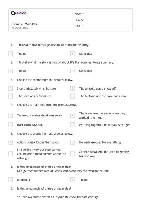 Main Idea Vs Theme Worksheets