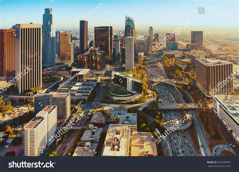 Aerial View Downtown Los Angeles Sunset Stock Photo