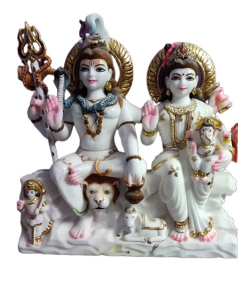 Painted Hindu White Marble Shiv Parivar Statue For Worship Size 2