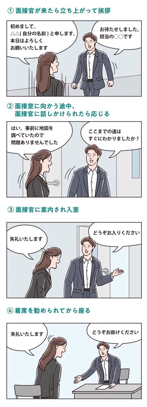 【面接マナー】直前でも間に合う！ 受付前から退室後までの注意点をイラストでわかりやすく解説 なるほど！ジョブメドレー