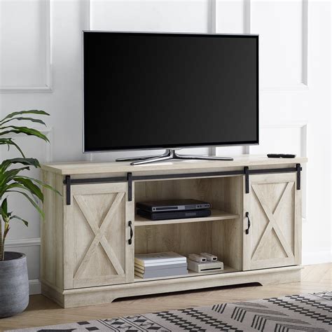 Woven Paths Farmhouse Sliding Barn Door Tv Stand For Tvs Up To 65