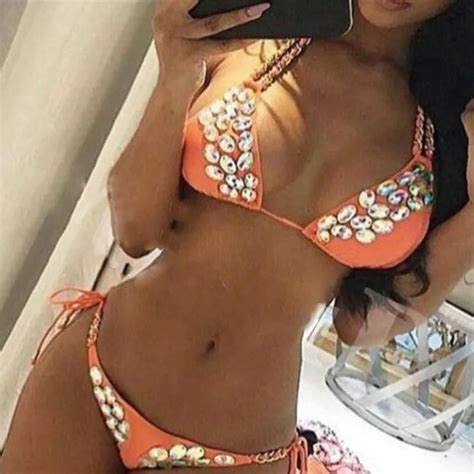 Diamond Halter Rhinestones Bandage Bikini Set Crystal Swimsuit