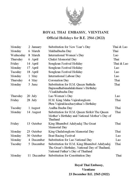 Office Hours and Holidays - สถานเอกอัครราชทูต ณ เวียงจันทน์