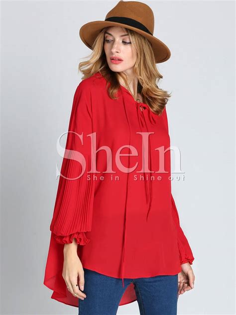 Red Long Sleeve Lace Up Blouse Shein Sheinside