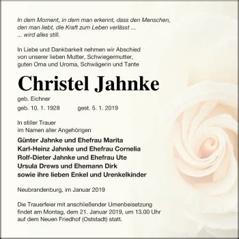 Traueranzeigen Von Christel Jahnke Trauer Nordkurier