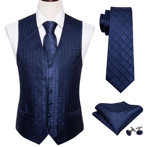 4pc Set Mens Silk Vest Party Wedding Blue Plaid Solid Floral Waistcoat