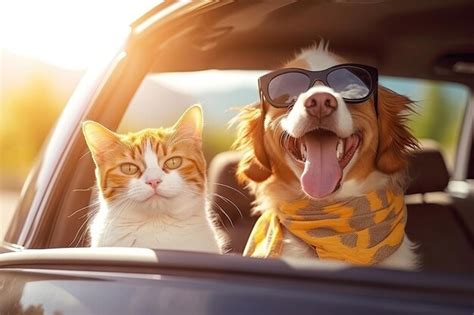 Perro Y Gato Felices Juntos En El Coche Vocaci N De Verano Foto Premium