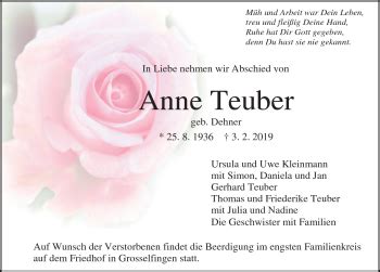 Traueranzeigen Von Anne Teuber Schwarzw Lder Bote Trauer