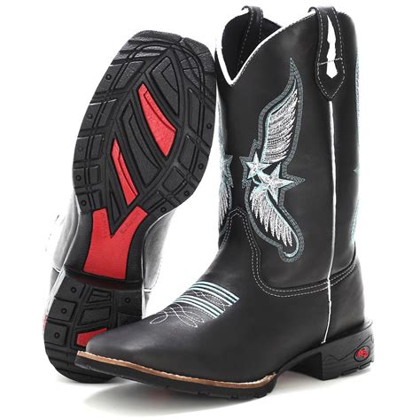 Bota Botina Texana Country Masculina Bico Quadrado Bordado Estrela Cano