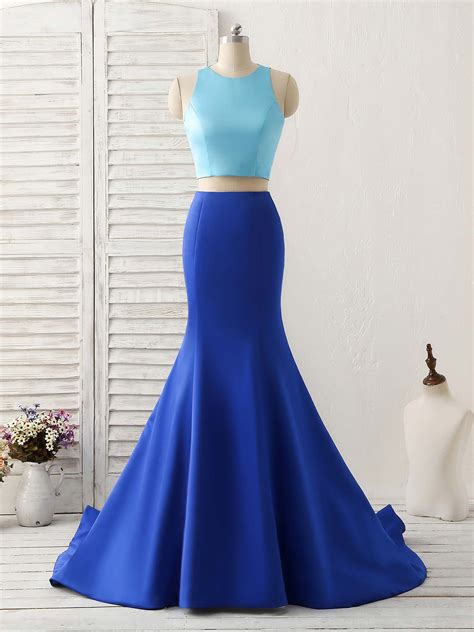 Royal Blue Two Pieces Satin Long Prom Dress Blue Evening Dress Plano