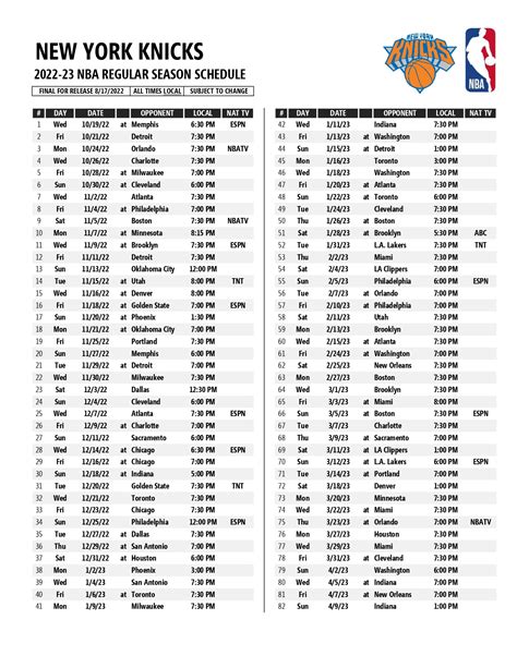 New York Knicks Printable Schedule